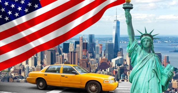 amerykańska flaga, statua wolności, amerykańska taksówka, dane z USA